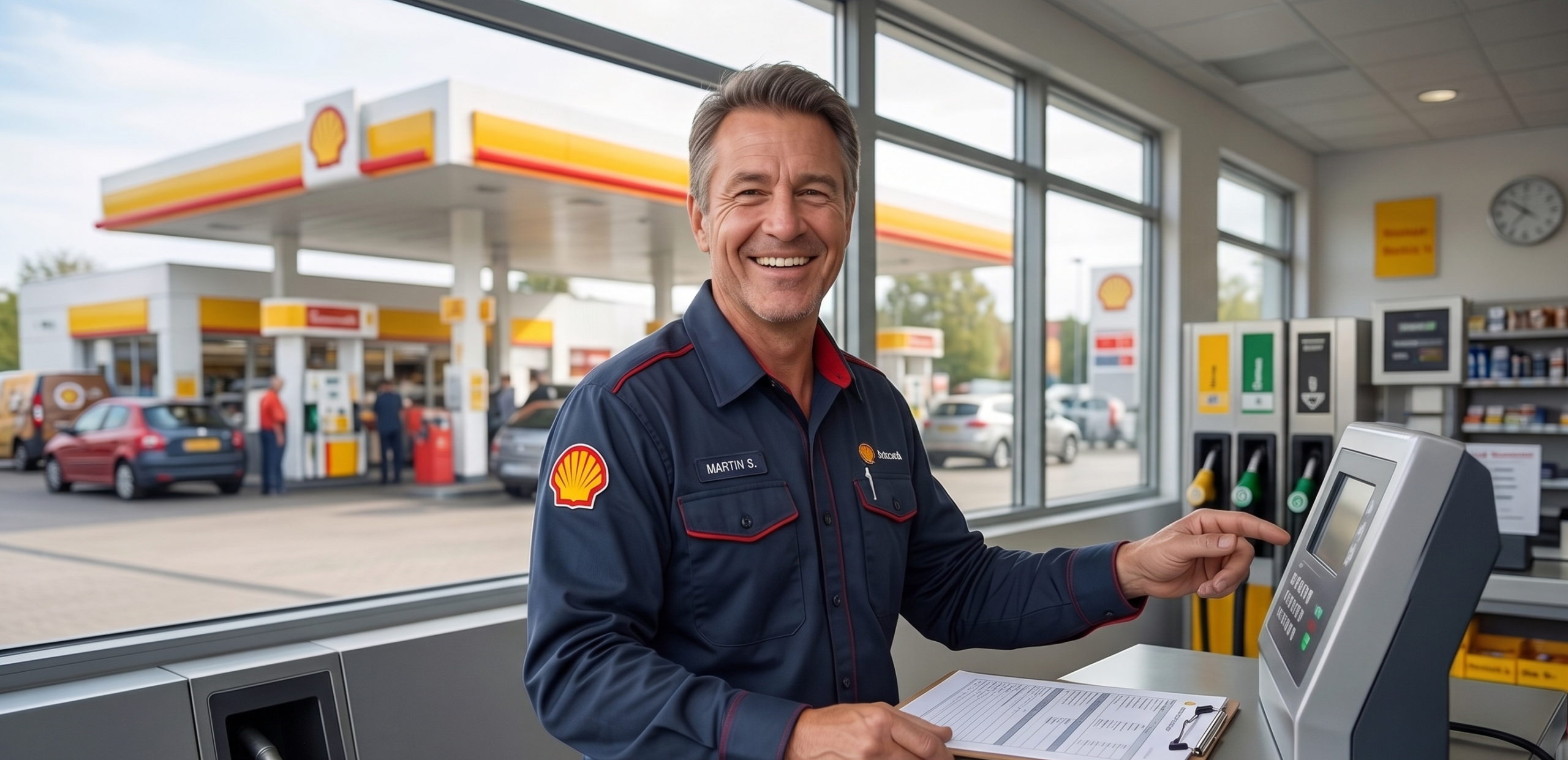 shell china trabajador feliz en su gasolinera